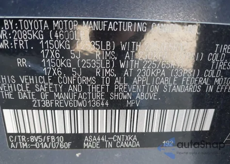 2013 Toyota Rav4 Le z USA, uszkodzony, nr VIN 2T3BFREV6DW013644